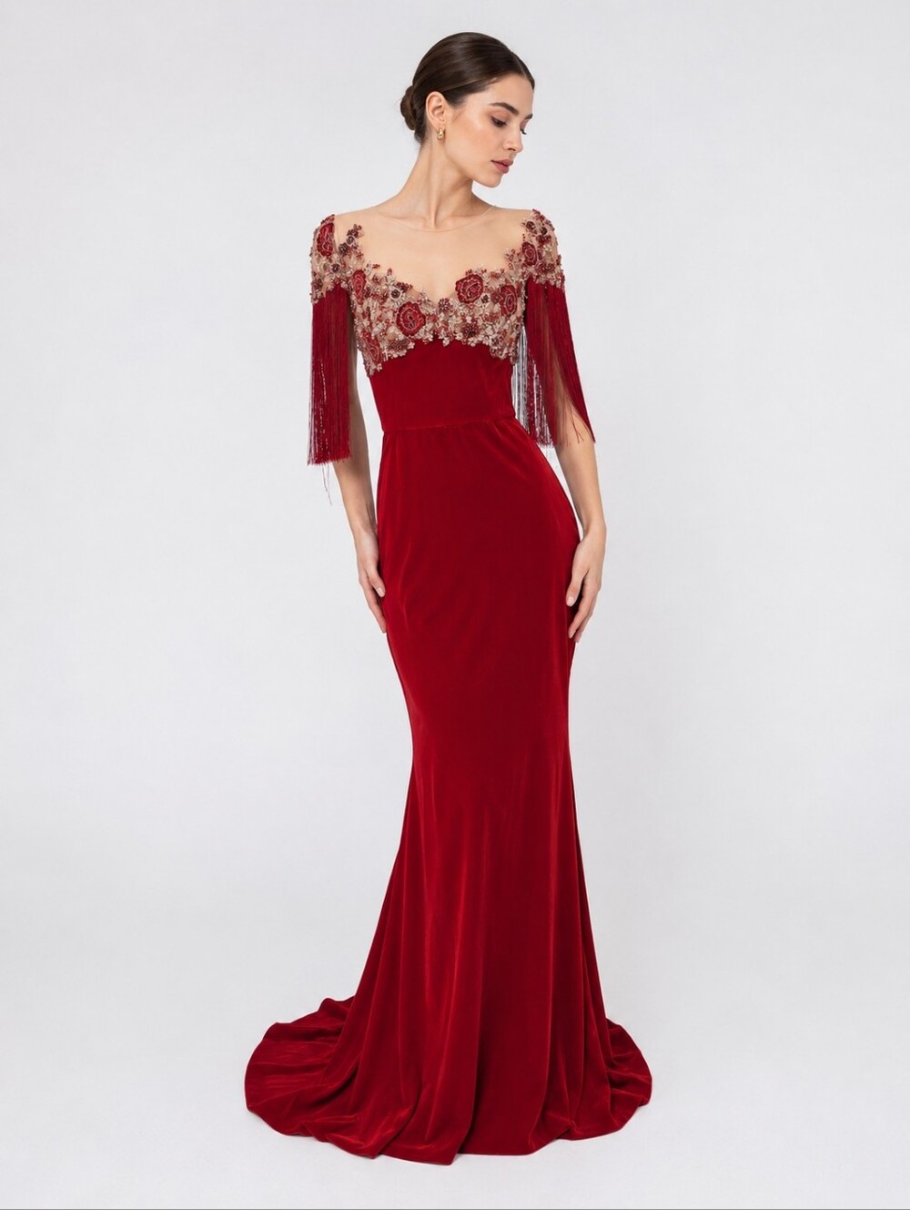Marchesa Couture Silk Velvet Gown in Scarlet Silk Fringe Sleeve PreFall 2019 NEW